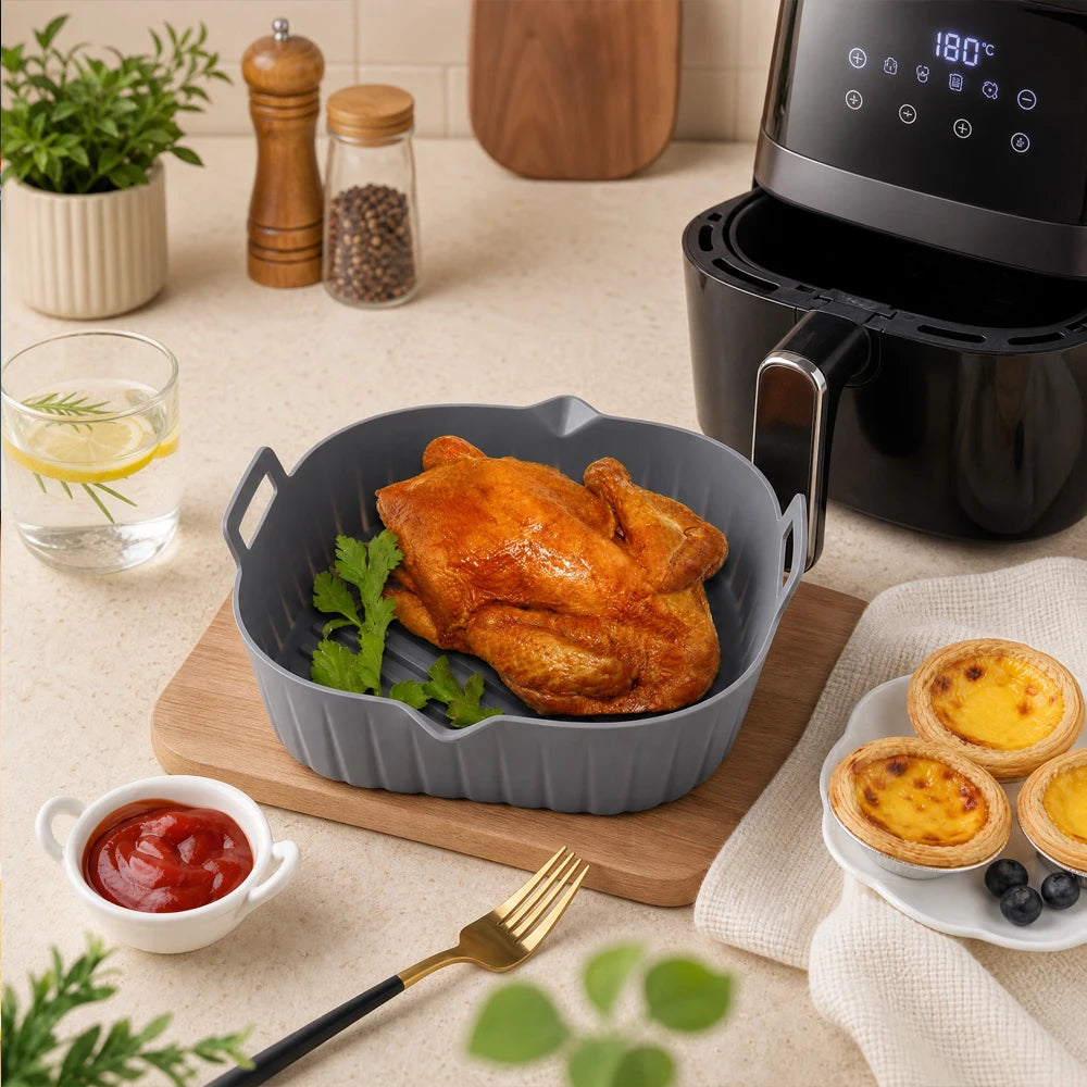 Reusable Air Fryer Silicone Liners Square Non Stick Basket Mat for 4-7QT Air Fryer Oven Microwave Baking Airfryer Accessories